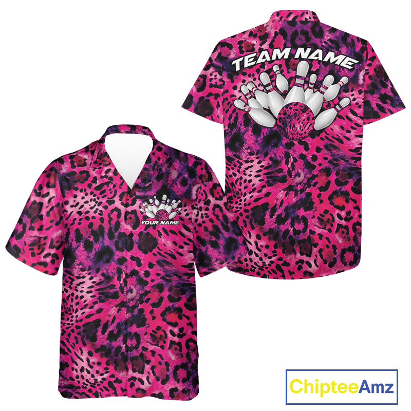 A pink, purple, and black leopard pattern bowling up shirt displayed in front and back views, featuring personalized bowling team designs.
