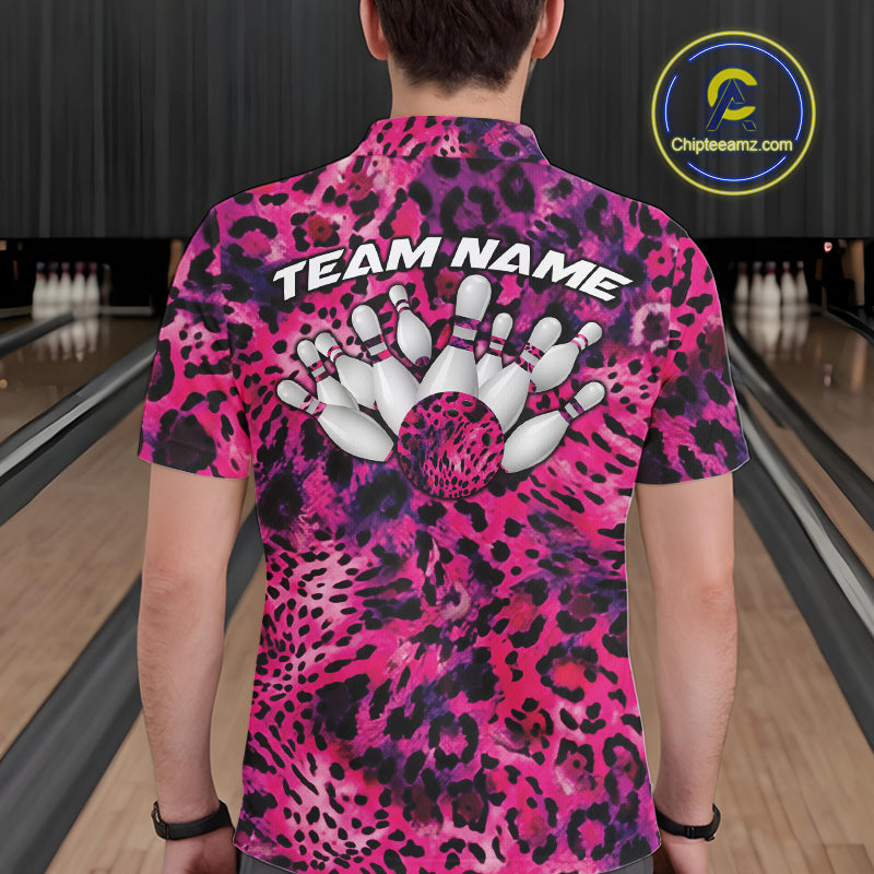 Back view of a man wearing a yellow, brown, and black leopard-print bowling shirt with “Team Name” above bowling pins and a patterned ball.