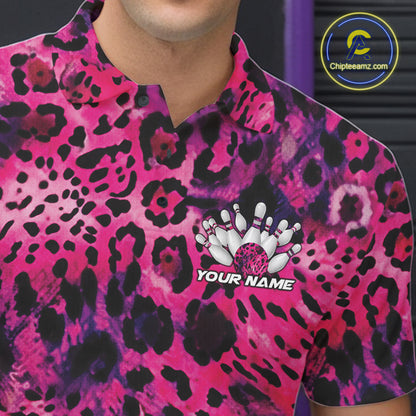 Close-up of a yellow, brown, and black leopard-print bowling shirt with a chest graphic showing pins, a patterned bowling ball, and “Your Name.”