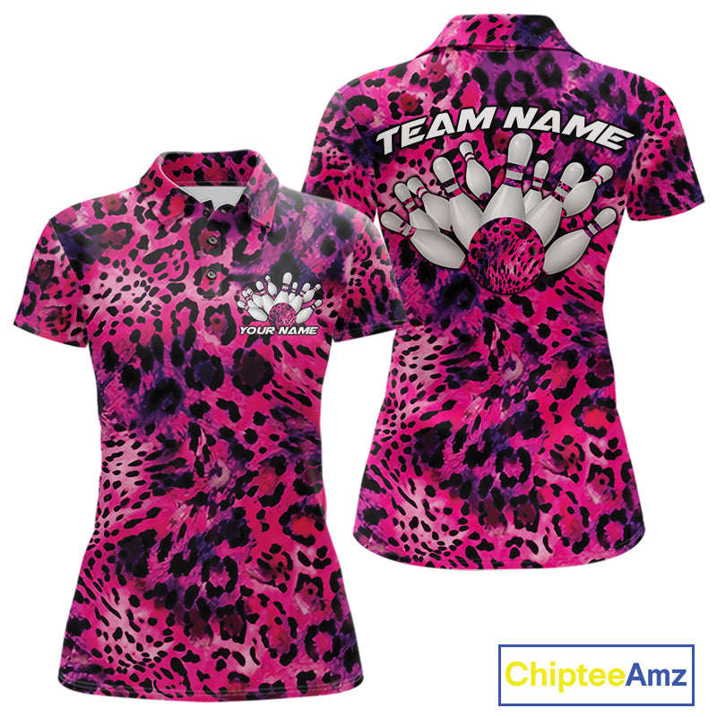 Front and back views of a womens gold, brown, and black leopard-print bowling polo with chest name text, bowling pins, and team name on the back.
