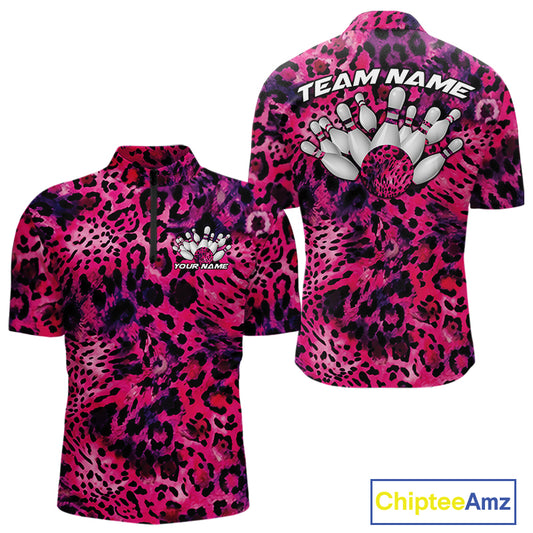 Front and back views of a mens pink, purple, and black leopard-print bowling quarter zip collar, chest name text, and team name on the back.
