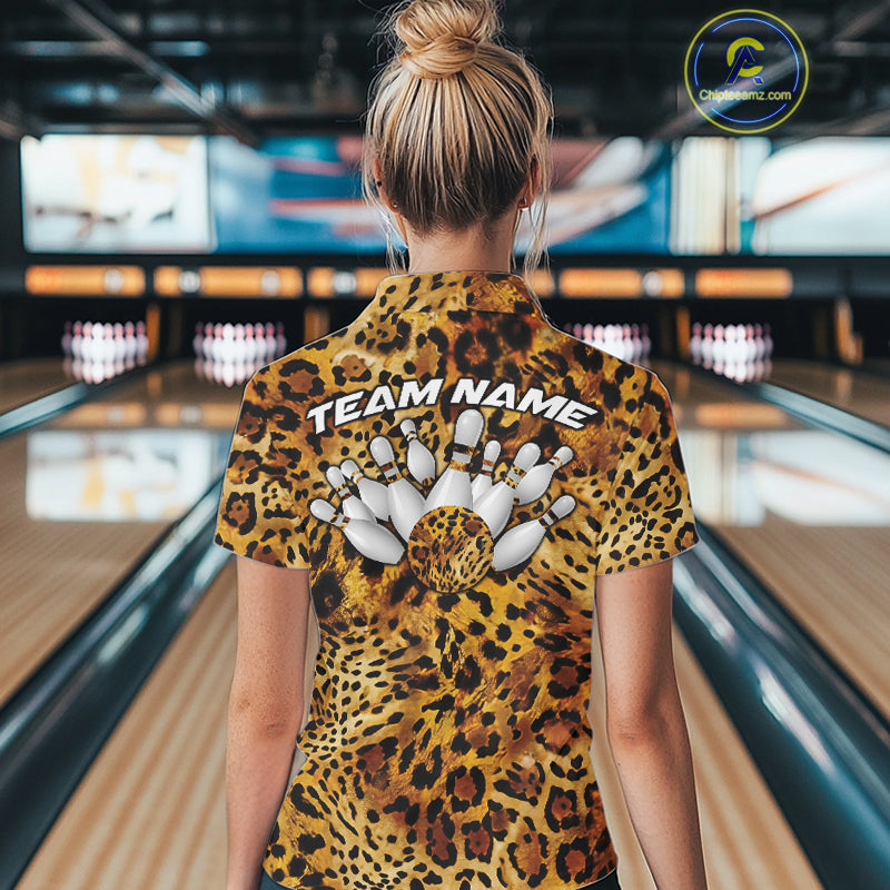 Leopard print bowling team shirt shown on a women facing the lanes, with a back design of bowling pins, a spotted ball, and customizable team name lettering.
