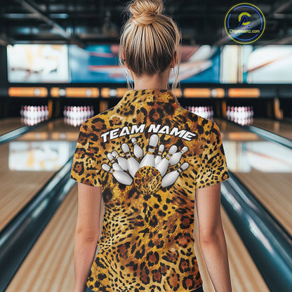 Leopard print bowling team shirt shown on a women facing the lanes, with a back design of bowling pins, a spotted ball, and customizable team name lettering.