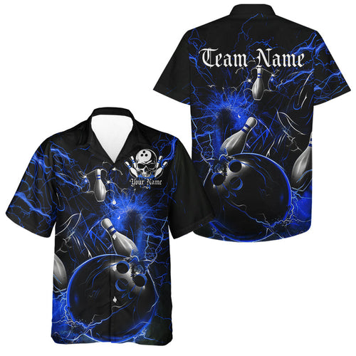 Black And Blue Thunder Lightning Custom Bowling Hawaiian Shirts For Men, Bowling Team Uniform IPHW7262