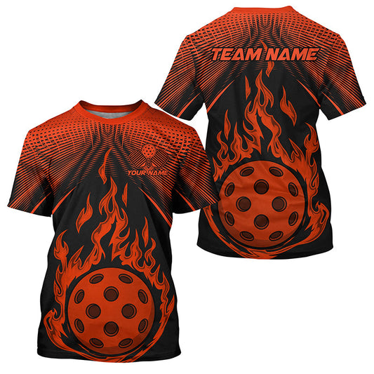 Black And Orange Fire Pickleball Ball Custom Flame Pickleball T-Shirts For Men, Pickleball Tournament Shirts IPHW7788