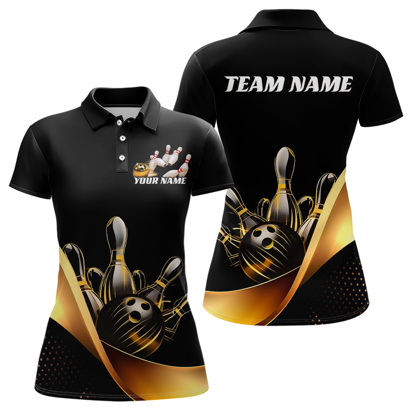 Custom Black And Gold Bowling Polo Shirts For Women, Bowling Team Shirt Bowlers Outfits IPHW8014