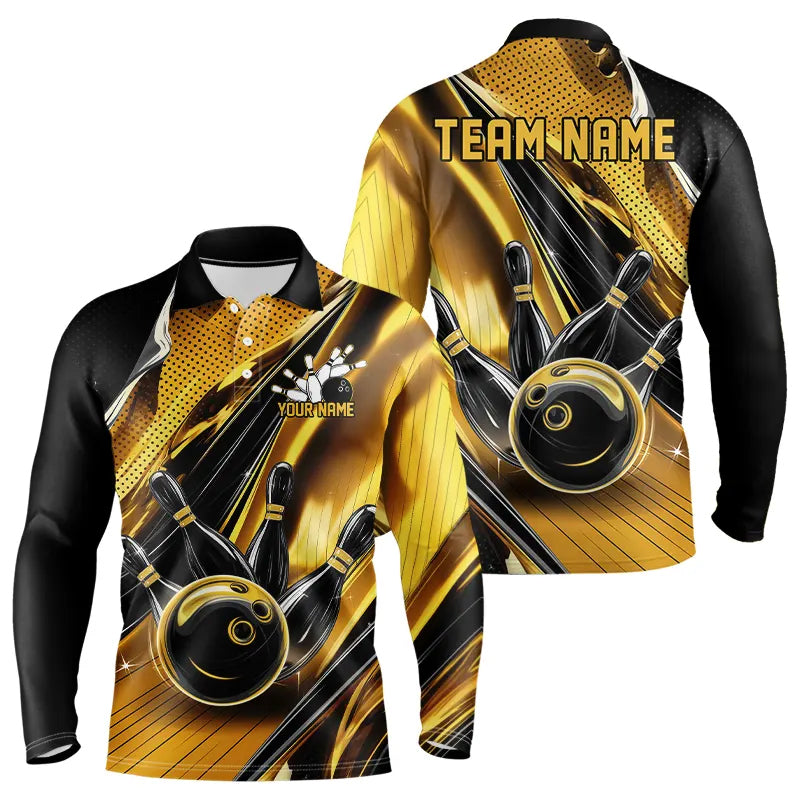 Custom Black And Gold Bowling Jerseys For Men, Bowling Team Long Sleeve Long Sleeve Polo Shirts With Name IPHW8016