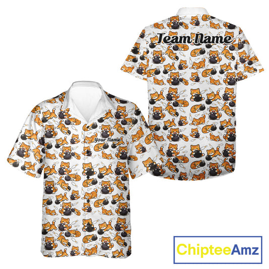Custom Cute Ginger Tabby Cat Bowling Men And Women Hawaiian Shirts, Cat Bowling Team Shirt IPHW10303