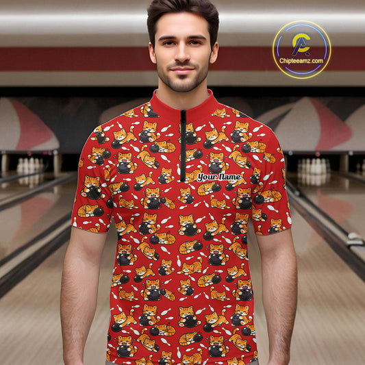 Custom Cute Ginger Tabby Cat Bowling Men Quarter-Zip Shirts, Cat Bowling Team Shirt IPHW10305