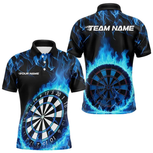 Custom Black And Blue Fire Flame Dartboard Dart Polo Shirts For Men, Dart Tournament Shirt IPHW8493