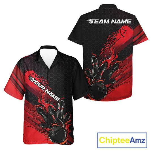 Custom Black And Red Flame Bowling Team Shirts, Bowling League Shirt Men And Women Bowling Jersey IPHW10574