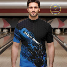 Load image into Gallery viewer, Custom Black And Blue Flame Bowling Team Shirts, Bowling League Shirt Men Bowling Jersey IPHW10575