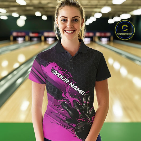 Custom Black And Pink Flame Bowling Team Shirts, Bowling League Shirt Women Bowling Jersey IPHW10576