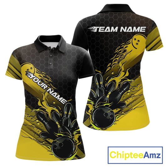 Custom Black And Yellow Flame Bowling Team Shirts, Bowling League Shirt Women Bowling Jersey IPHW10577