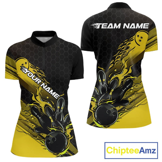 Custom Black And Yellow Flame Bowling Team Shirts, Bowling League Shirt Women Jersey IPHW10577