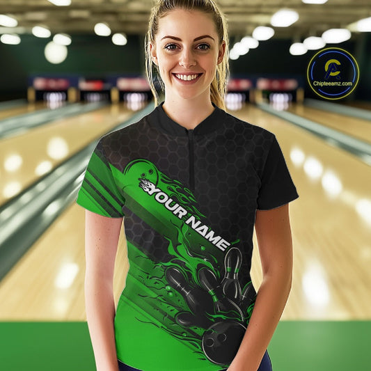Custom Black And Green Flame Bowling Team Shirts, Bowling League Shirt Women Jersey IPHW10578