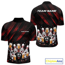 Load image into Gallery viewer, Front and back view of a men's bowling quarter zip shirt mockup featuring festive cartoon bowling balls and pins celebrating with frothy beer mugs, confetti, and bold diagonal stripe artwork on a black and red shirt.