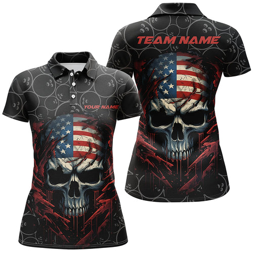 Custom American Flag Skull Bowling Shirts For Women, Patriotic Team Bowling Jerseys IPHW5160