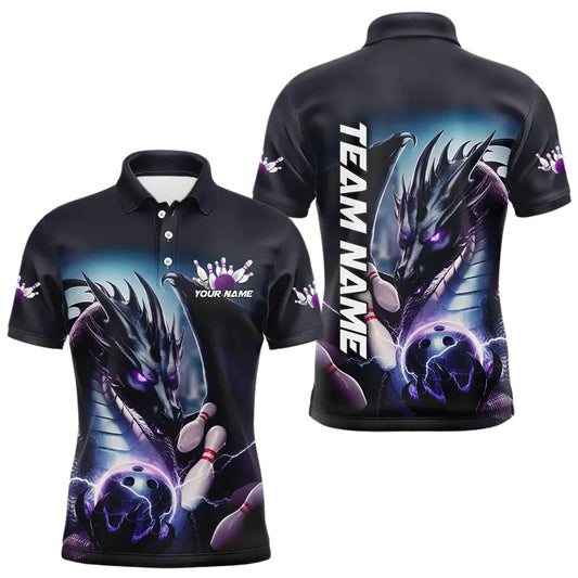 Blue And Purple Lightning Custom Dragon Bowling Polo Shirts For Men, Bowling Team Uniform IPHW8257