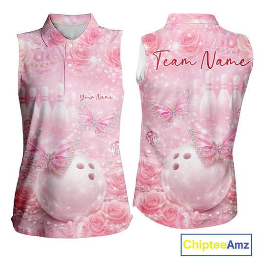 Custom Elegant Roses And Butterfly Women Bowling Sleeveless Polo Shirts, Ladies Bowling Shirt IPHW10312