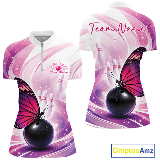 Custom Pink And Purple Butterfly Bowling Women Quarter-Zip Shirt, Ladies Bowling Shirt IPHW10311