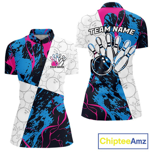 Custom Blue And Pink Camo Bowling Team Shirts For Women, Camouflage Bowler Outfit IPHW10606