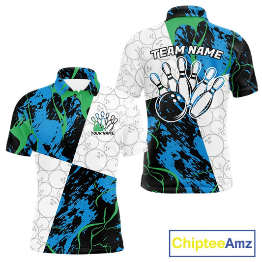 Custom Blue And Green Camo Bowling Team Shirts For Men And Women, Camouflage Bowler Outfit IPHW10607