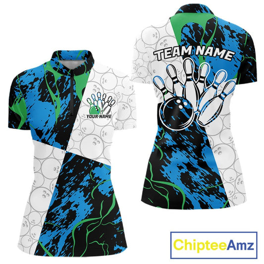 Custom Blue And Green Camo Bowling Team Shirts For Women, Camouflage Bowler Outfit IPHW10607