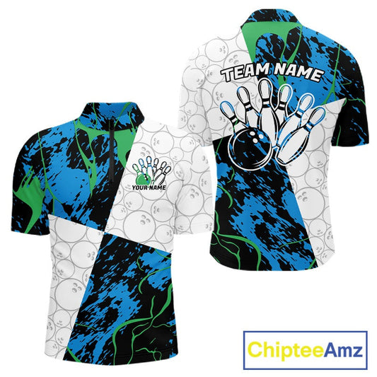 Custom Blue And Green Camo Bowling Team Shirts For Men And Women, Camouflage Bowler Outfit IPHW10607