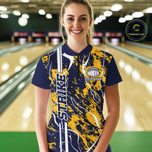 Load image into Gallery viewer, Custom Navy Blue And Yellow Camo Strike Bowling Shirt, Women Bowling League Team Jerseys IPHW10613