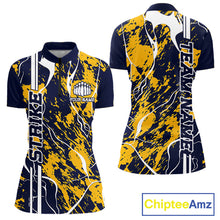 Load image into Gallery viewer, Custom Navy Blue And Yellow Camo Strike Bowling Shirt, Women Bowling League Team Jerseys IPHW10613