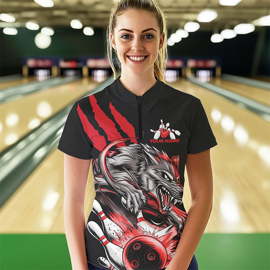 Custom Black And Red Wolf Bowling Women Quarter-Zip Shirts, Wolf Scratch Bowling Team Shirt IPHW8719