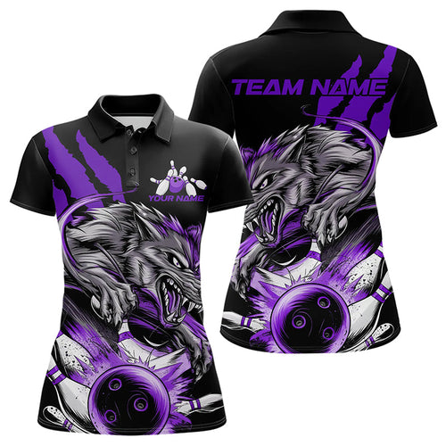 Custom Black And Purple Wolf Bowling Women Polo Shirts, Wolf Scratch Bowling League Shirt IPHW8721