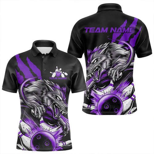 Custom Black And Purple Wolf Bowling Men Polo Shirts, Wolf Scratch Bowling Team League Shirt IPHW8721