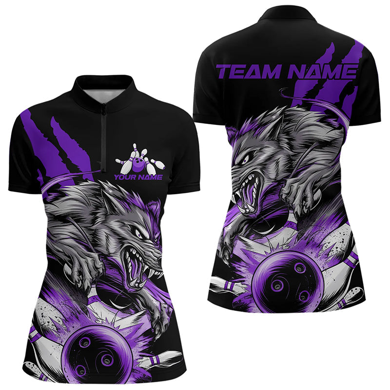 Custom Black And Purple Wolf Bowling Women Quarter-Zip Shirt, Wolf Scratch Bowling Shirt IPHW8721