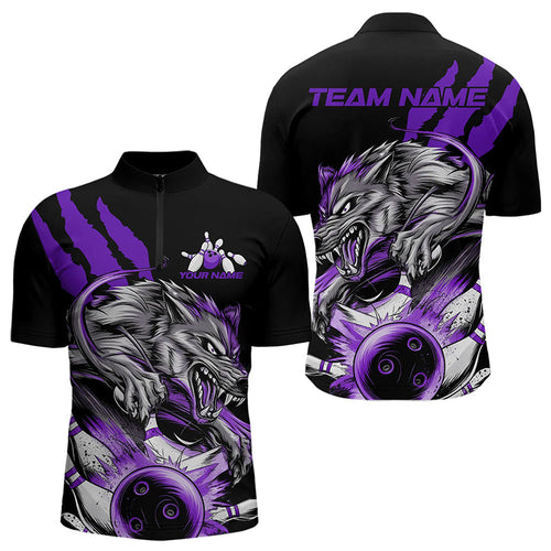Custom Black And Purple Wolf Bowling Men Quarter-Zip Shirts, Wolf Scratch Bowling Team League Shirt IPHW8721