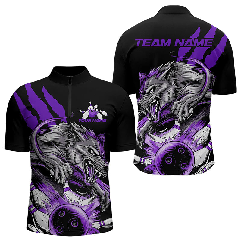 Custom Black And Purple Wolf Bowling Men Quarter-Zip Shirts, Wolf Scratch Bowling Team League Shirt IPHW8721