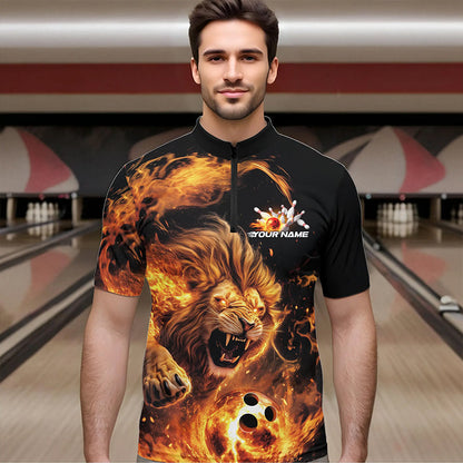 Custom Fire Flame Lion Bowling Team Men Quarter-Zip Shirts, Lion Bowling League Shirt IPHW8976