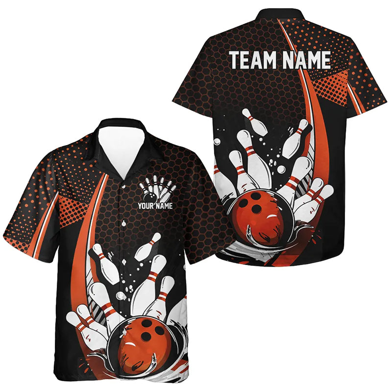 Custom Black And Orange Bowling Men And Women Hawaiian Shirt, Classic Retro Bowling Jersey Bowler Outfit IPHW7280
