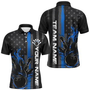 Blue Line American Flag Custom Patriotic Flame Bowling Shirts For Men, Support Bowling Shirt IPHW7593