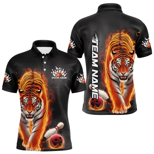 Custom Flame Tiger Bowling Polo Shirts For Men, Tiger Bowling Tournament Team Shirt IPHW8260