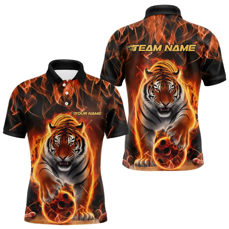 Custom Flame Tiger Bowling Team Polo Shirts For Men, Fire Bowling Jerseys Bowlers Outfit IPHW8261