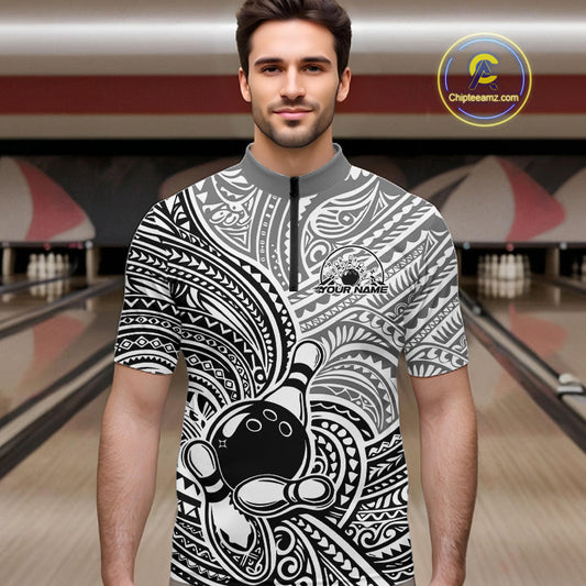 Custom Black And White Traditional Samoan Tribal Polynesian Pattern Bowling Men Shirt IPHW10323