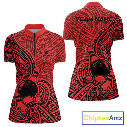 Custom Black And Red Traditional Samoan Tribal Polynesian Pattern Bowling Women Shirt IPHW10325