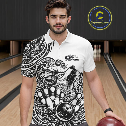 Custom Black And White Tribal Pattern Maori Style Wolf Bowling Team Men Polo Shirts IPHW10330