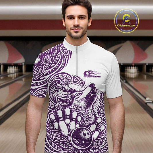 Custom Purple Tribal Pattern Maori Style Wolf Bowling Team Men Quarter-Zip Shirts IPHW10331