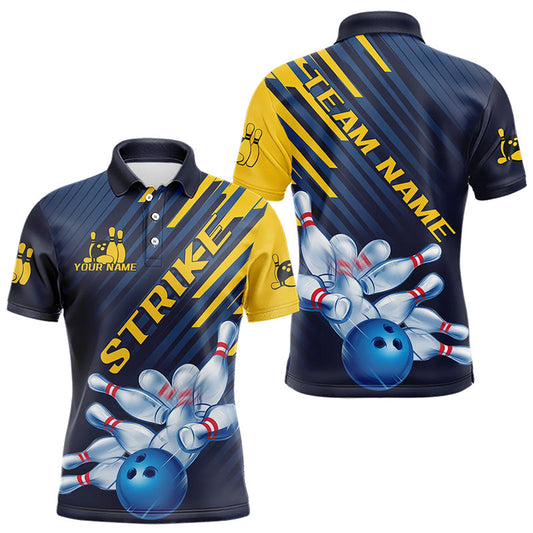 Custom Blue And Yellow Bowling Jerseys, Bowling Team Polo Shirts For Men Bowling Tournament IPHW8530