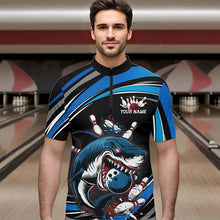 Load image into Gallery viewer, Black And Blue Custom Shark Bowling Team Quarter-Zip Shirts For Men, Shark Bowling League Shirt IPHW8727