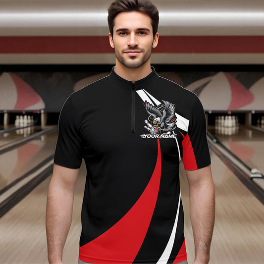 Custom Black And Red Eagle Bowling Men Quarter-Zip Shirts, Eagle Bowling Team Jerseys IPHW8732