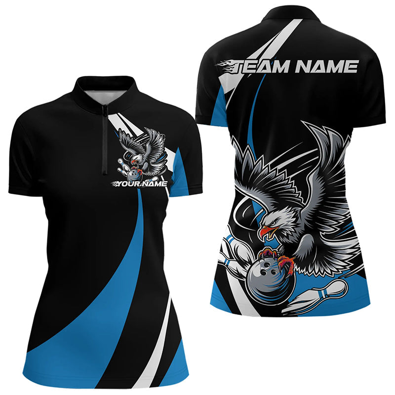 Custom Black And Blue Eagle Bowling Women Quarter-Zip Shirts, Eagle Bowling Team Jerseys IPHW8733